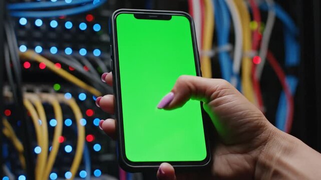 A person's hand holding a smartphone with a green screen in a server room with network cables.