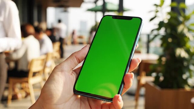 A hand holding a smartphone with a green screen in an outdoor cafe setting.