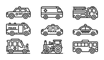 Set of black line transport icons featuring police car medical van fire truck and farm bus © MDABDUR