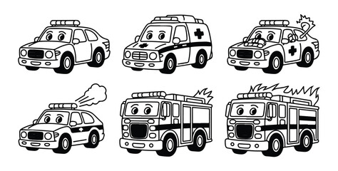 Funny cartoon police car ambulance and fire truck with smiling faces and sirens © MDABDUR