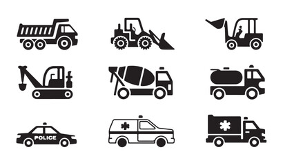 Heavy machinery and city service vehicle icons including police car ambulance and dump truck © MDABDUR