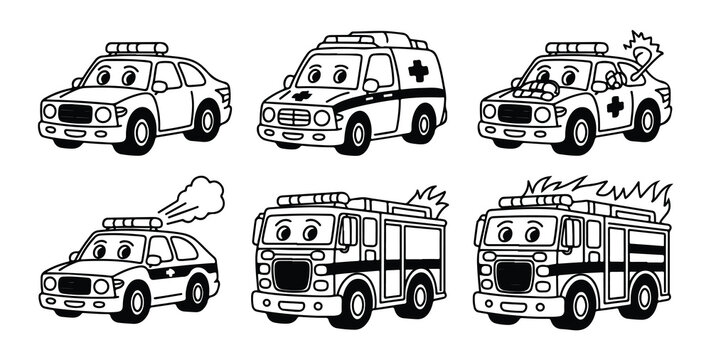 Funny cartoon police car ambulance and fire truck with smiling faces and sirens