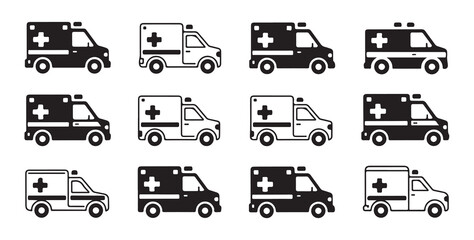 Fototapeta premium Black and white ambulance icon set, emergency medical vehicle collection
