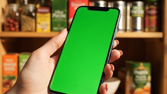 Hand holding a modern smartphone with a bright green screen in a home kitchen setting, ready for content display.