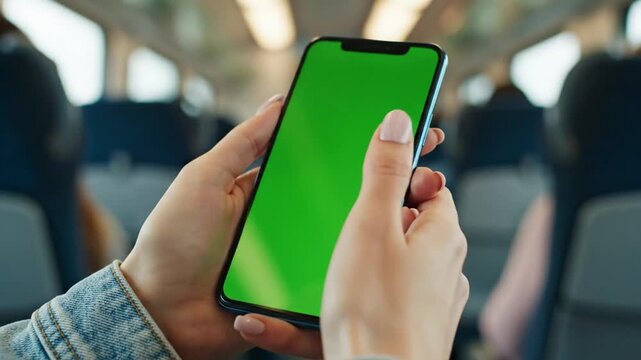 Close-up of hands holding a smartphone with a green screen display inside a moving vehicle.
