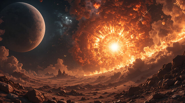 A fiery apocalypse in space destroys cosmic objects with planets shattering like glass stars exploding into brilliant supernovas and asteroid belts disintegrating into glowing dust 4K