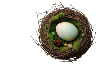 Fototapeta premium Bird nest holding an easter egg, small colorful eggs, pine cone, and moss on transparent background