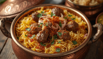 Fototapeta premium A delicious and aromatic dish of meatballs and rice in a copper pot
