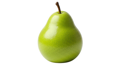 A single, ripe, green pear hanging from a thin brown stem against a white background