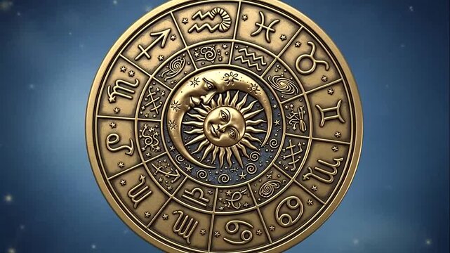 Ornate golden astrological symbol featuring a sun and moon surrounded by all twelve zodiac signs, set against a dark blue background, representing cosmic power and destiny.
