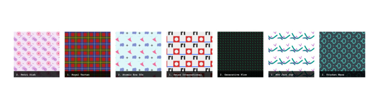 High resolution seamless patterns with bold geometric and organic designs. Vibrant, tileable backgrounds ideal for fabric printing, textile production, wallpaper, packaging, wrapping paper, scrapbook