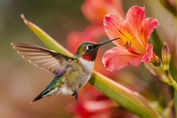 Fototapeta premium A hummingbird hovers near a vibrant pink flower, feeding with its long beak.