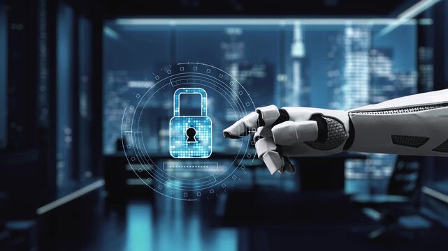 A robotic hand interacts with a digital lock symbol, representing the concept of cybersecurity in a modern office with a city view in the background. Explore the future of digital protection. Auvana