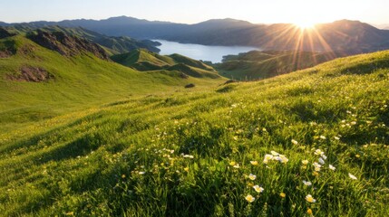 Fototapeta premium Sunlight brightens green hills near a lake in the morning
