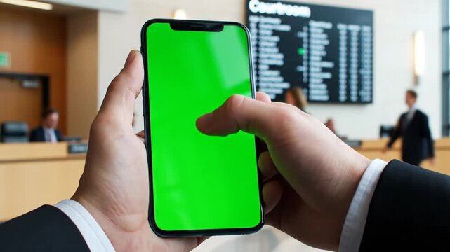 A person in a suit holds a smartphone with a green screen in a courthouse setting, ready for content display.