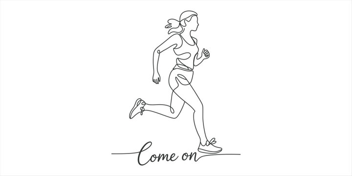 Minimalist line art illustration of a woman running with motivational text come on below Vector, illustration