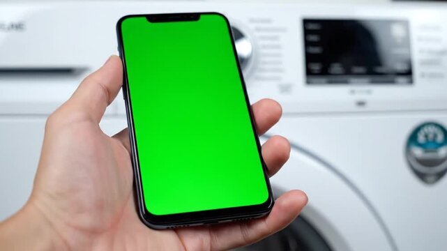 A hand holding a smartphone with a green screen in front of a washing machine, showcasing smart home technology.
