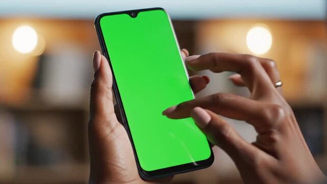 A person's hands holding a modern smartphone with a vibrant green screen, ready for digital content insertion and interaction.