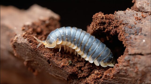 A grey segmented woodlouse unfurling from damp dark soil in a natural habitat macro view