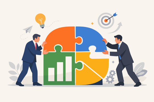 Business Partnership and Teamwork Concept: Two Professional Businessmen Assembling a Large Colorful Jigsaw Puzzle with Data Charts, Symbolizing Collaboration, Problem Solving, and Strategic Success