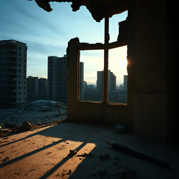 oligarchy. Urban ruin at dusk with soft light through a broken window onto a dusty floor. real-estate listings.
