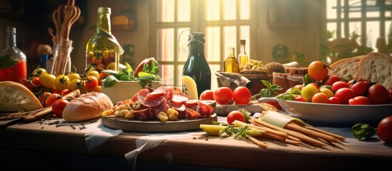 A rustic feast of fresh, vibrant ingredients awaits in a sunlit, charming kitchen.