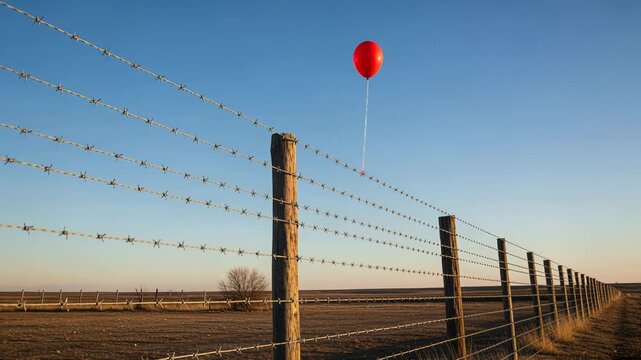 Red Balloon Floating Above Barbed Wire Fence in a Barren Landscape at Sunset