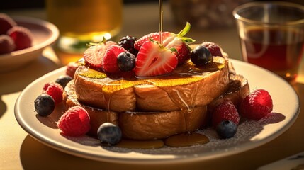 Savor the sweetness of a perfect morning with this tempting stack of berry-topped French toast bathed in golden syrup.