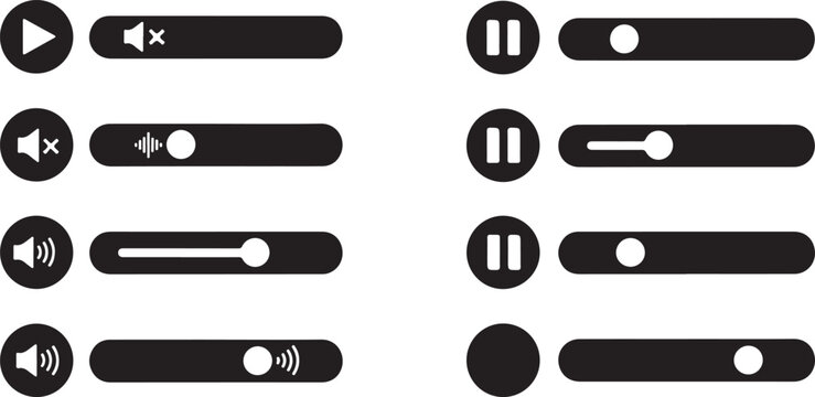 Media player control elements including play pause and volume slider bar icons for user interface design in black and white silhouette