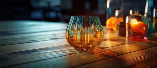 A captivating play of light and shadow illuminates a unique glass on a textured wooden surface.