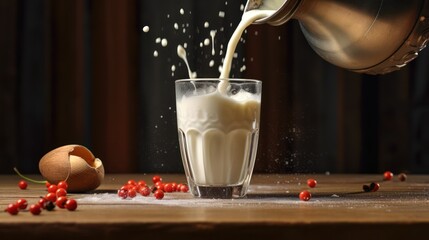 A refreshing splash of pure milk brings life to a rustic kitchen setting.