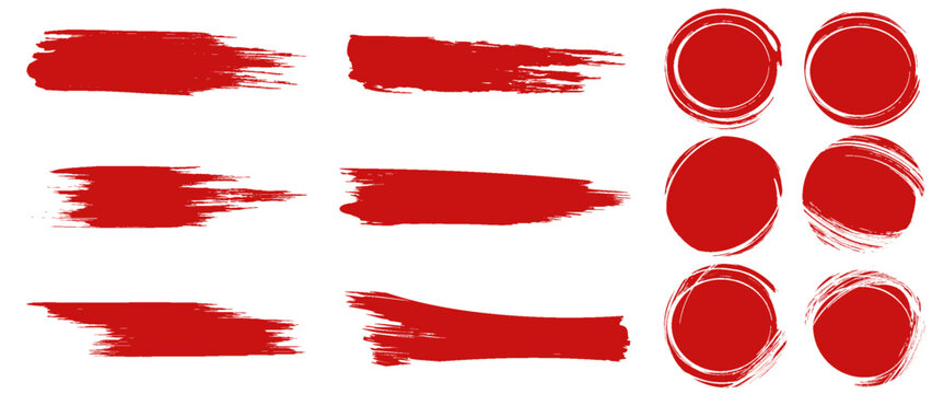 Abstract straight red ink vector lines pack. Bloody color long and round hand-drawn brushstroke text highlights, frames, circles. Asian calligraphy brushstroke set. modern art eps10