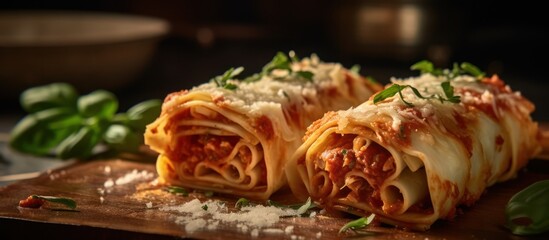 Indulge in the rich, comforting flavors of perfectly baked Italian pasta rolls, smothered in sauce and cheese.