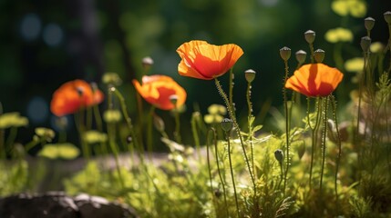 A vibrant symphony of orange poppies dances in the gentle caress of golden sunlight.