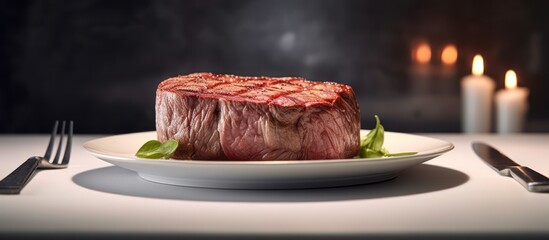 Indulge in the exquisite taste of a perfectly prepared steak set against a backdrop of candlelight romance.