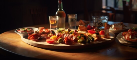 A lavish charcuterie spread, illuminated by golden light, offers a tempting array of gourmet delights.
