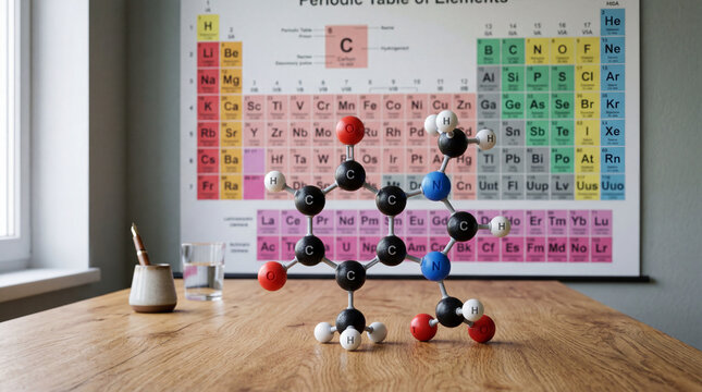 Caffeine molecular model on a wooden desk in front of a periodic table, representing chemical science and educational research