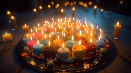 A dazzling array of colorful candles creates a mesmerizing display of light and warmth.