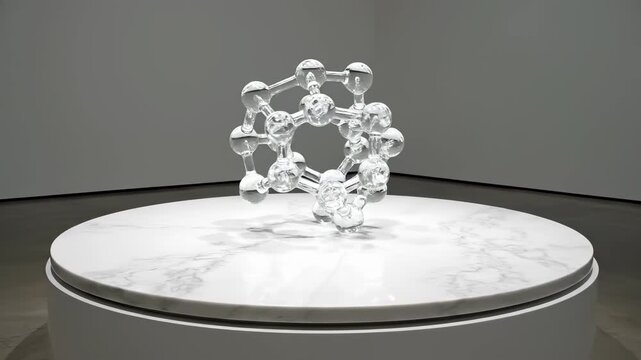 Intricate Sculpture on Display: A modern, artistic glass sculpture, comprised of interconnected spheres, sits elegantly on a circular, marble pedestal within a minimalist gallery setting.