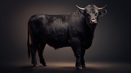 A majestic black cattle stands with quiet power under dramatic studio lighting.