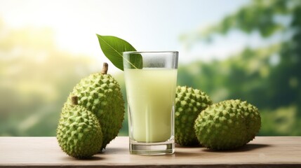 Experience the exotic freshness of soursop, presented as a vibrant drink amidst its natural, spiky fruit.