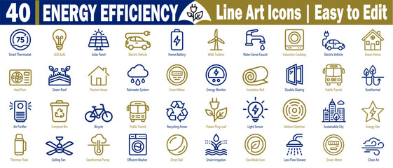Energy efficiency line art icons. Easy to edit with smart thermostat led bulb, solar panel, electric vehicle, and home battery concepts vector illustration. © Logo Solution