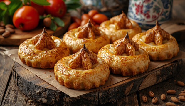 A delicious Uzbek samsa baked pastries with golden crust arranged in a rustic market style presentation