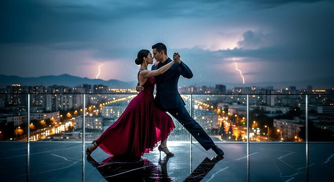 Couple dancing tango on a rooftop at dusk