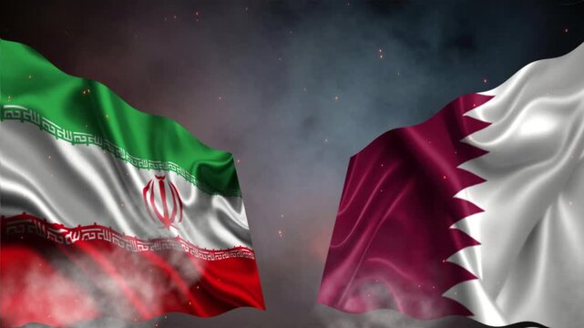 4k conflict or war between Iran and qatar 3d flag waving in the loop and animation on Burning Red Hot Sparks, Fire Glowing Particles on Smoky Background, Disaster, nuclear war in two countries