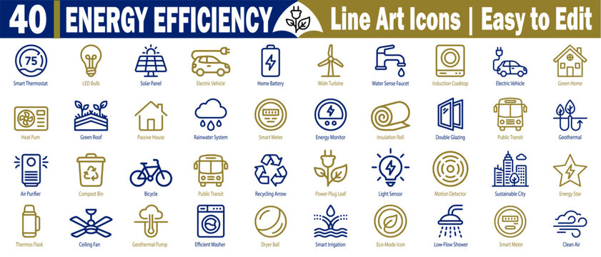 Energy efficiency line art icons. Easy to edit with smart thermostat led bulb, solar panel, electric vehicle, and home battery concepts vector illustration.