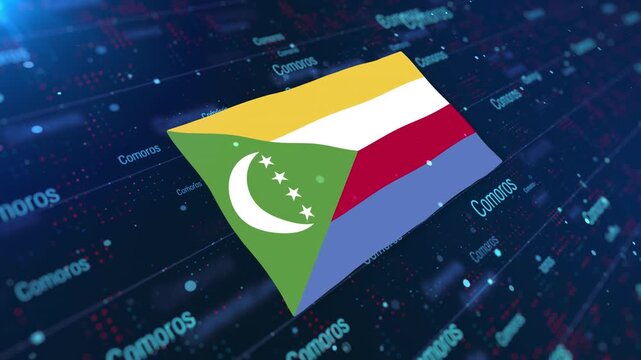 Comoros Flag Waving on Abstract Digital Background with Glowing Elements