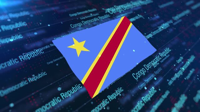 Congo Democratic Republic Flag Waving on Abstract Digital Background with Glowing Elements
