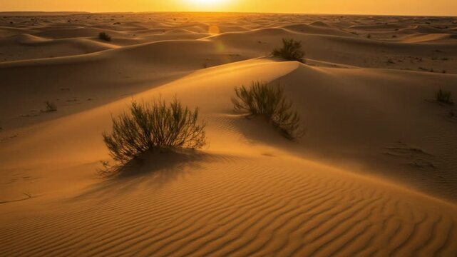 Sand dunes under an orange sky dotted with sparse dry vegetation The textured dunes create a rippled pattern