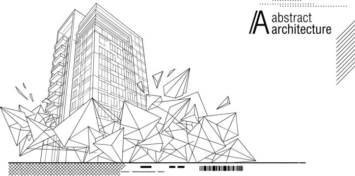 Professional black vector architecture illustration of modern building with balconies and explosive low-poly geometric shard landscape base